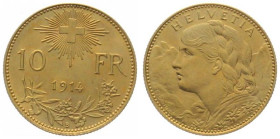 SWITZERLAND. 10 Franken 1914 B, Vreneli, gold, AU (fast unz)