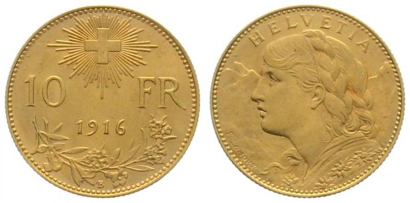 SWITZERLAND. 10 Franken 1916 B, Vreneli, gold, key date! AU (fast unz)

HMZ 2-...