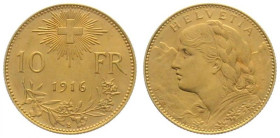 SWITZERLAND. 10 Franken 1916 B, Vreneli, gold, key date! AU (fast unz)