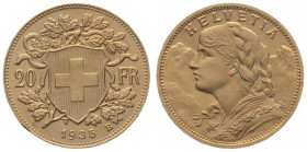 SWITZERLAND. 20 Franken 1935 B, Vreneli, gold, UNC-, scarce!