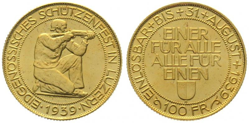 SWITZERLAND. 100 Franken 1939 B, Luzern Shooting Festival, gold, UNC-

HMZ 2-1...