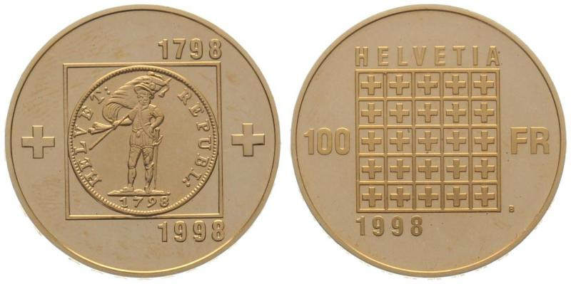 SWITZERLAND. 100 Franken 1998 B, 200th Anniversary of the Helvetic Republic, gol...