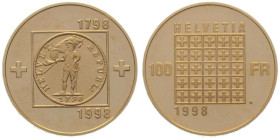 SWITZERLAND. 100 Franken 1998 B, 200th Anniversary of the Helvetic Republic, gold, BU