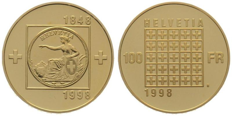 SWITZERLAND. 100 Franken 1998 B, 150th Anniversary of the Federal State, gold, B...