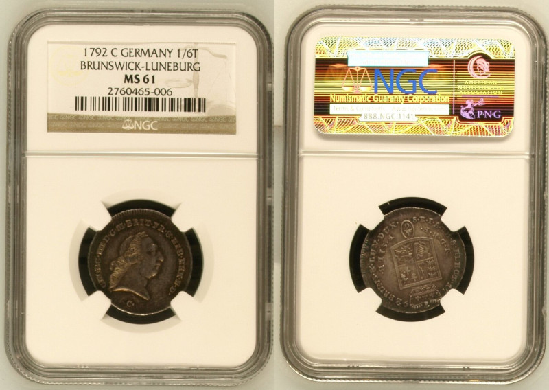 HANNOVER. 1/6 Thaler 1792 C, GEORGE III of ENGLAND, silver, NGC MS 61

KM # 40...