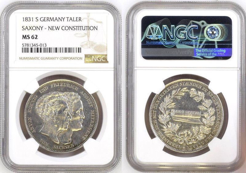SAXONY. Thaler 1831 S, New Constitution, ANTON & FRIEDRICH AUGUST, silver, NGC M...
