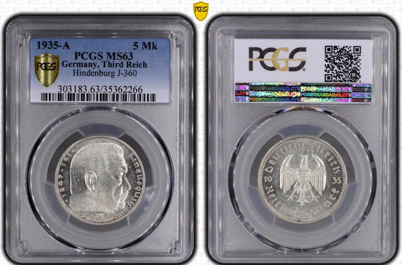 THIRD REICH. 5 Reichsmark 1935 A, HINDENBURG, silver, PCGS MS 63

KM 86, J. 36...