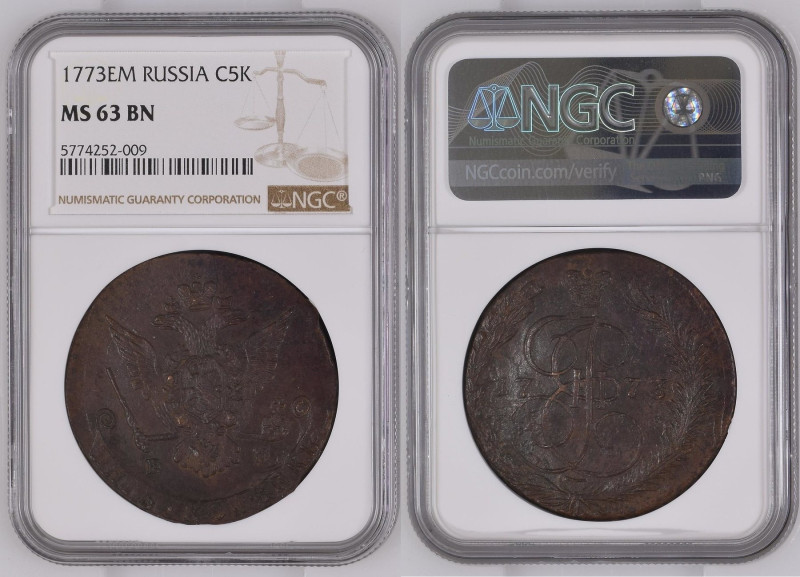 RUSSIA. 5 Kopeks 1773 EM, Ekaterinbourg, CATHERINE II, copper NGC MS 63BN 

Bi...