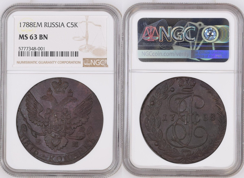 RUSSIA. 5 Kopeks 1788 EM, Ekaterinbourg, CATHERINE II, copper, NGC MS 63BN

Bi...