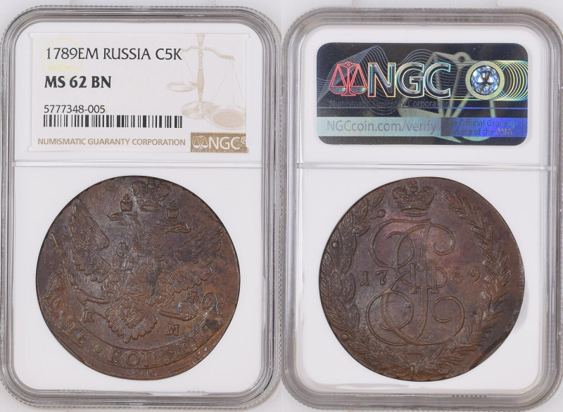 RUSSIA. 5 Kopeks 1789 EM Ekaterinbourg, CATHERINE II, copper, NGC MS 62BN

Bit...