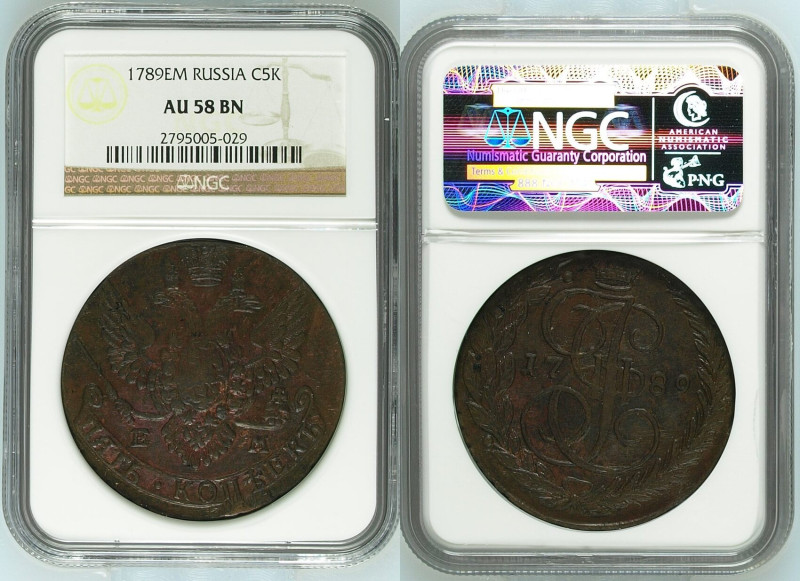 RUSSIA. 5 Kopeks 1789 EM Ekaterinbourg, CATHERINE II, copper, NGC AU 58BN

Bit...