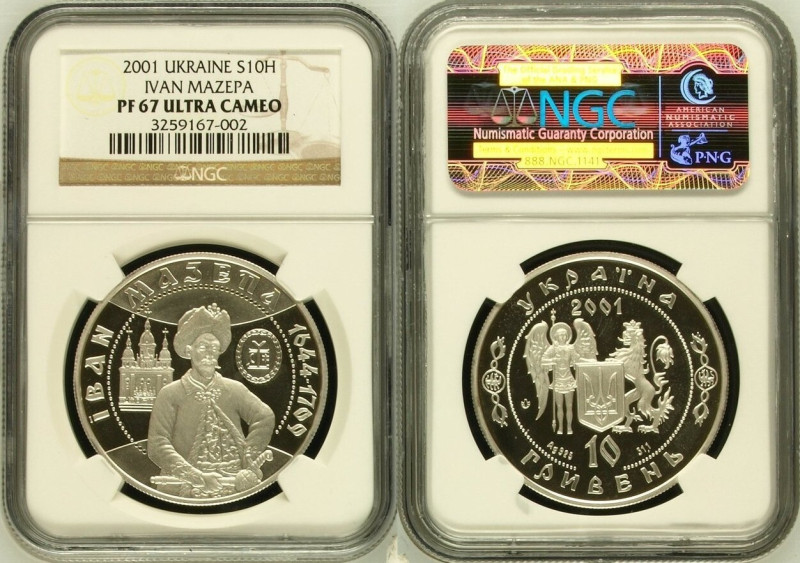 UKRAINE. 10 Hryven 2001, IVAN MAZEPA, silver 1 oz, NGC PF 67 ULTRA CAMEO

KM #...