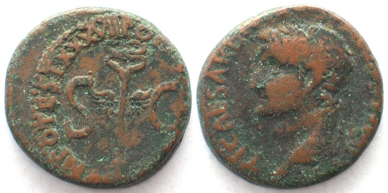 TIBERIUS. AE As 34-35 AD, Rome, Caduceus between S-C, VF

RIC 59. TI CAESAR DI...