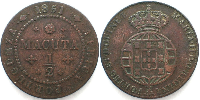 ANGOLA. Portuguese, 1/2 Macuta 1851, MARIA II, copper, VF

KM # 56