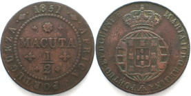 ANGOLA. Portuguese, 1/2 Macuta 1851, MARIA II, copper, VF