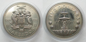 BARBADOS. 5 Dollars 1976 FM (U), Shell Fountain, 10TH ANN. OF INDEPENDENCE, Cu-Ni, Prooflike