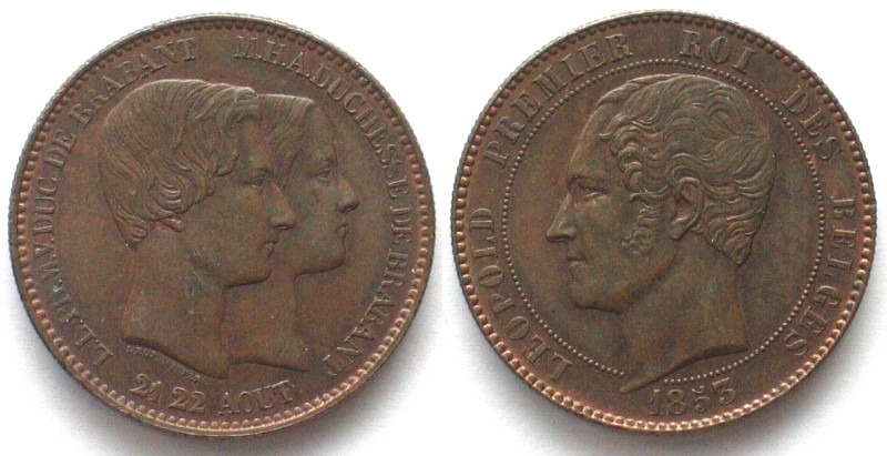 BELGIUM. 10 Centimes 1853, Royal Prince Wedding, LEOPOLD I, copper, UNC-!

KM ...