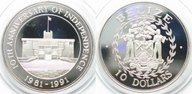 BELIZE. 10 Dollars 1991, 10TH ANN. OF INDEPENDENCE, silver, Proof, SCARCE!