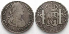 BOLIVIA. 4 Reales 1802 PP, Potosi mint, CHARLES IV, silver, VF-, RARE!