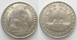 BOLIVIA. 4 Soles 1830 JL, Potosi mint, BOLIVAR, silver, AU!