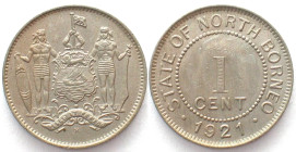 BRITISH NORTH BORNEO. Cent 1921, Cu-Ni, UNC-!