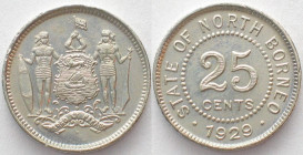BRITISH NORTH BORNEO. 25 Cents 1929, silver, scarce! UNC-!