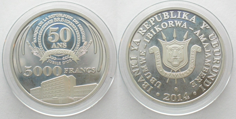 BURUNDI. 5000 Francs 2014, 50TH ANNIVERSARY OF CENTRAL BANK, silver, Proof

Sl...