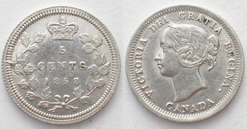 CANADA. 5 Cents 1858, small date, VICTORIA, silver, AU!

KM # 2