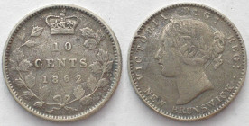 NEW BRUNSWICK. 10 Cents 1862 recut 2, VICTORIA, silver, RARE! VF