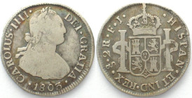 CHILE. 2 Reales 1803 FJ, Santiago mint, CHARLES IV, silver, VF-, scarce!