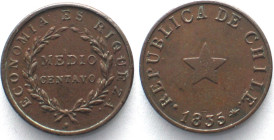CHILE. 1/2 Centavo 1835, thick planchet, copper, AU!