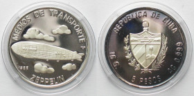 CUBA. 5 Pesos 1988, Zeppelin, TRANSPORTATION, silver, Proof RARE!