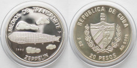 CUBA. 20 Pesos 1995, Zeppelin, TRANSPORTATION, silver 2 oz, RARE! Proof