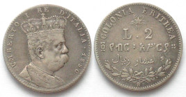 ERITREA. 2 Lire 1890, UMBERTO I, silver, VF+