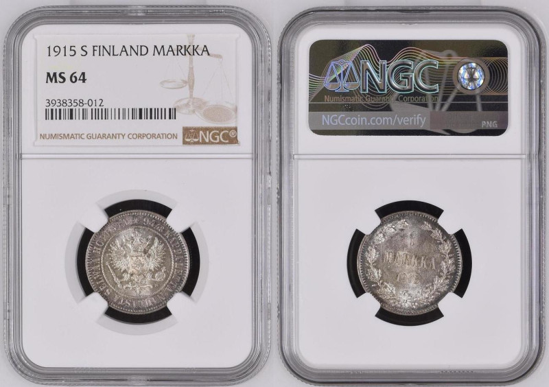 FINLAND. 1 Markka 1915, NICHOLAS II, silver, NGC MS 64

KM # 3.2