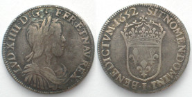 FRANCE. 1/2 Ecu 1652 I, Limoges mint, LOUIS XIV, silver, VF