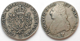 FRANCE. Ecu 1789 L, Bayonne mint, LOUIS XVI, silver, XF!