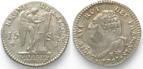 FRANCE. 15 Sols 1791 I, Limoges mint, LOUIS XVI, silver, AU!