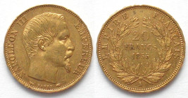 FRANCE. 20 Francs 1855 A Paris, dog head NAPOLEON III, gold, AU
