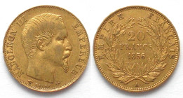 FRANCE. 20 Francs 1856 A Paris, NAPOLEON III, gold, AU