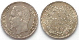 FRANCE. 1 Franc 1860 A (b), Napoleon III, silver, UNC-!