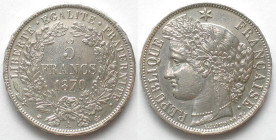 FRANCE. 5 Francs 1870 A, CERES, silver, SCARCE! AU!
