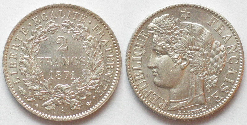 FRANCE. 2 Francs 1871 A, silver, BU!

TROISIÈME RÉPUBLIQUE. 2 Francs 1871 A, C...