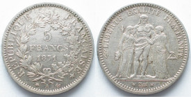 FRANCE. 5 Francs 1871 A, Hercule, silver, VF-XF, very scarce!