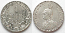 GERMAN EAST AFRICA. 1 Rupie 1913 J, WILHELM II, silver, SCARCE! AU!