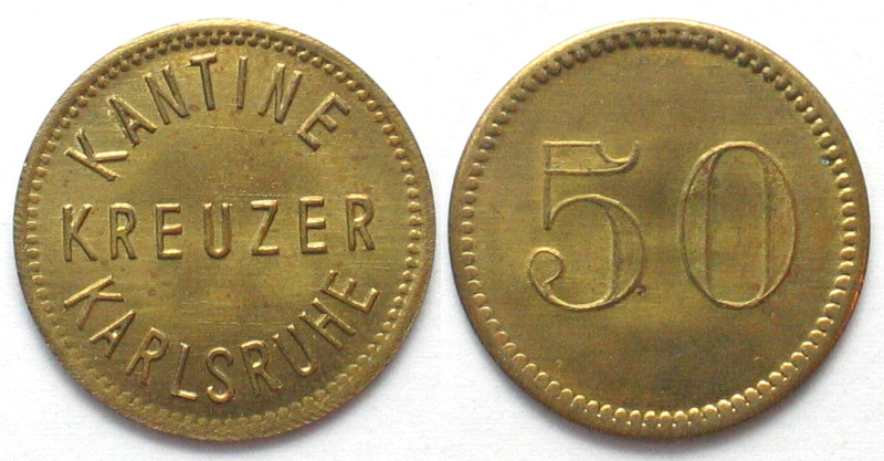 KREUZER KARLSRUHE. Kantine. 50 Pfennig o.J.(1929-1940), Messing, Erhaltung!

M...