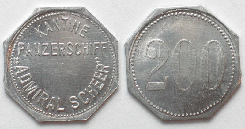 PANZERSCHIFF ADMIRAL SCHEER. Kantine. 200 Pfennig o.J.(1934-1945), Alu, Erhaltun...