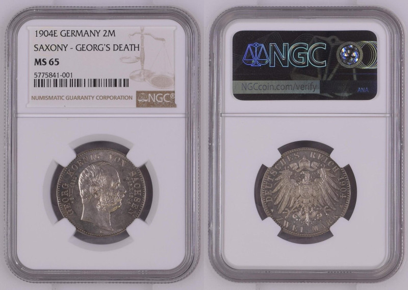 SAXONY. Albertine, 2 Mark 1904 E, Death of the King GEORG, silver, NGC MS 65

...