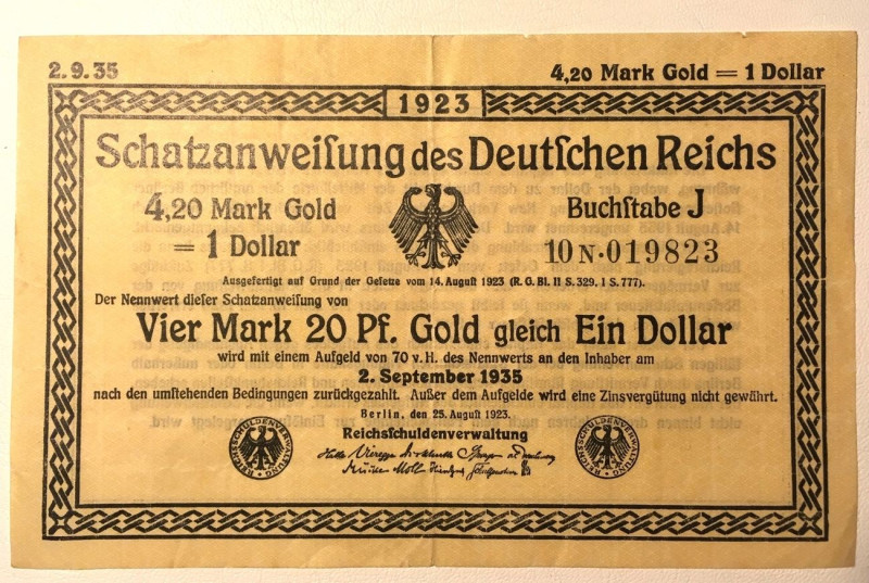 WEIMAR REPUBLIC. Wertbeständiges Notgeld. SCHATZANWEISUNG, 4,20 Mark Gold 25.8.1...