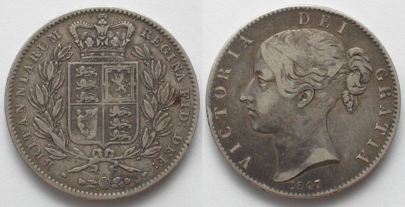 GREAT BRITAIN. Crown 1847, ANNO XI, VICTORIA, silver, VF+

KM # 741. Small edg...